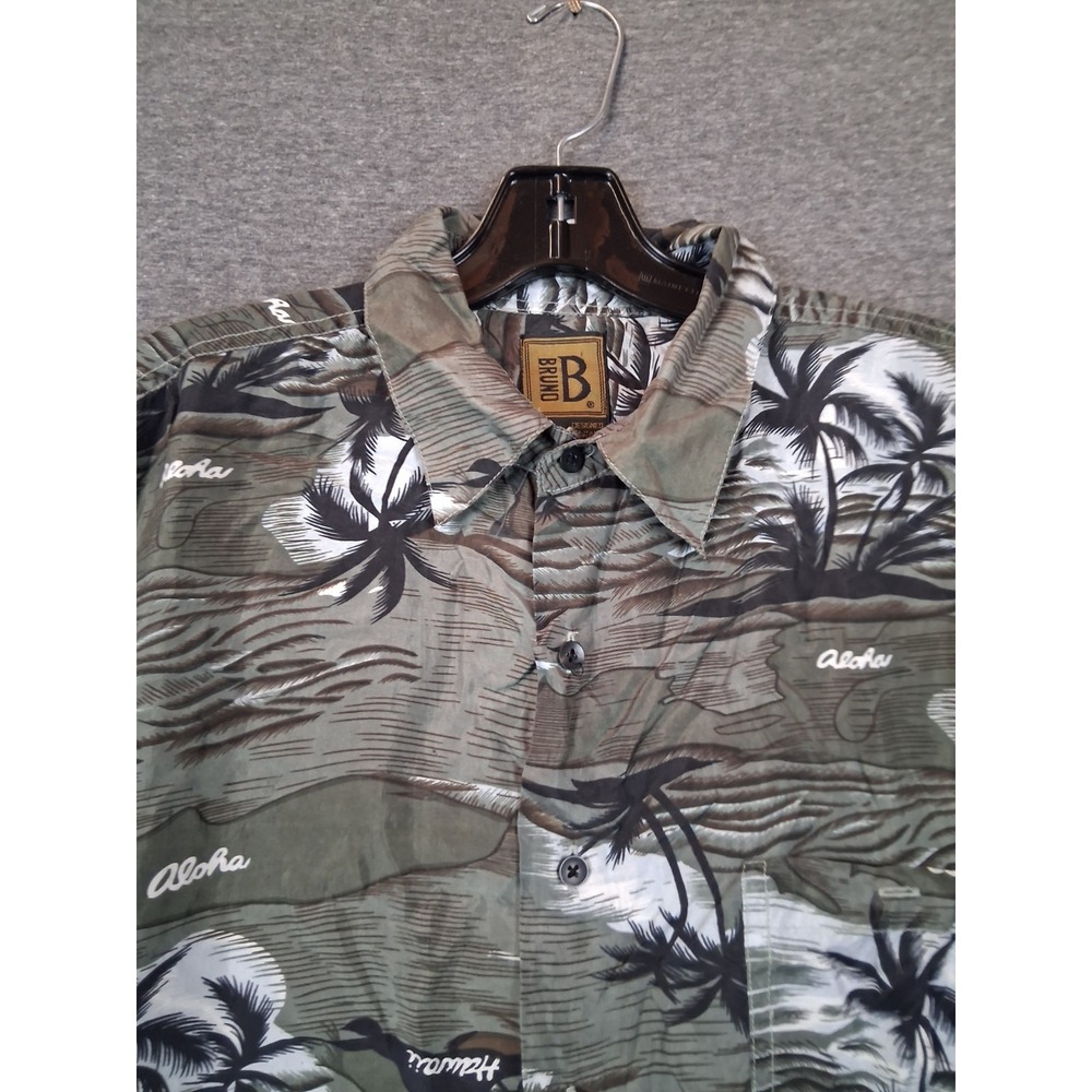 VTG Bruno Mens Shirt L Gray 100% Silk Aloha Palm Tree Beach AOP Hawaiian Resort
